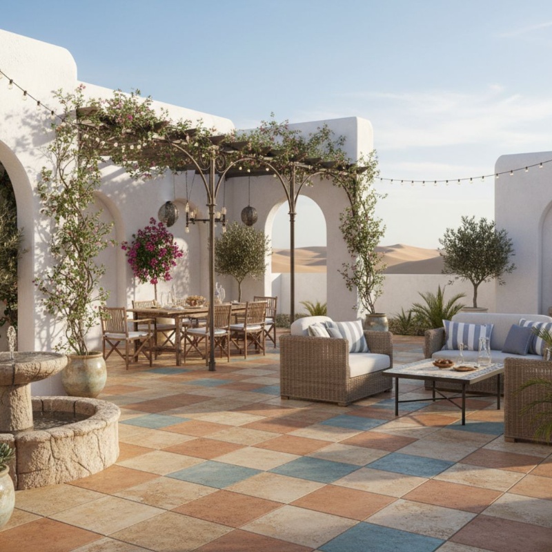 How to Create a Mediterranean Style Outdoor Patio in the UAE with Textured Porcelain Tiles